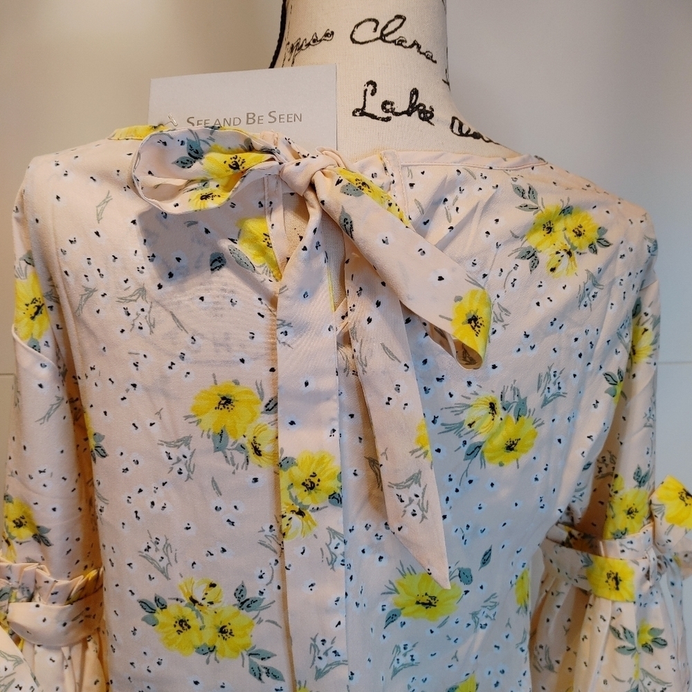 Floral Bell Sleeve Blouse S M L Yellow Boho Top Tie Sleeve Ruffle - Picture 6 of 12